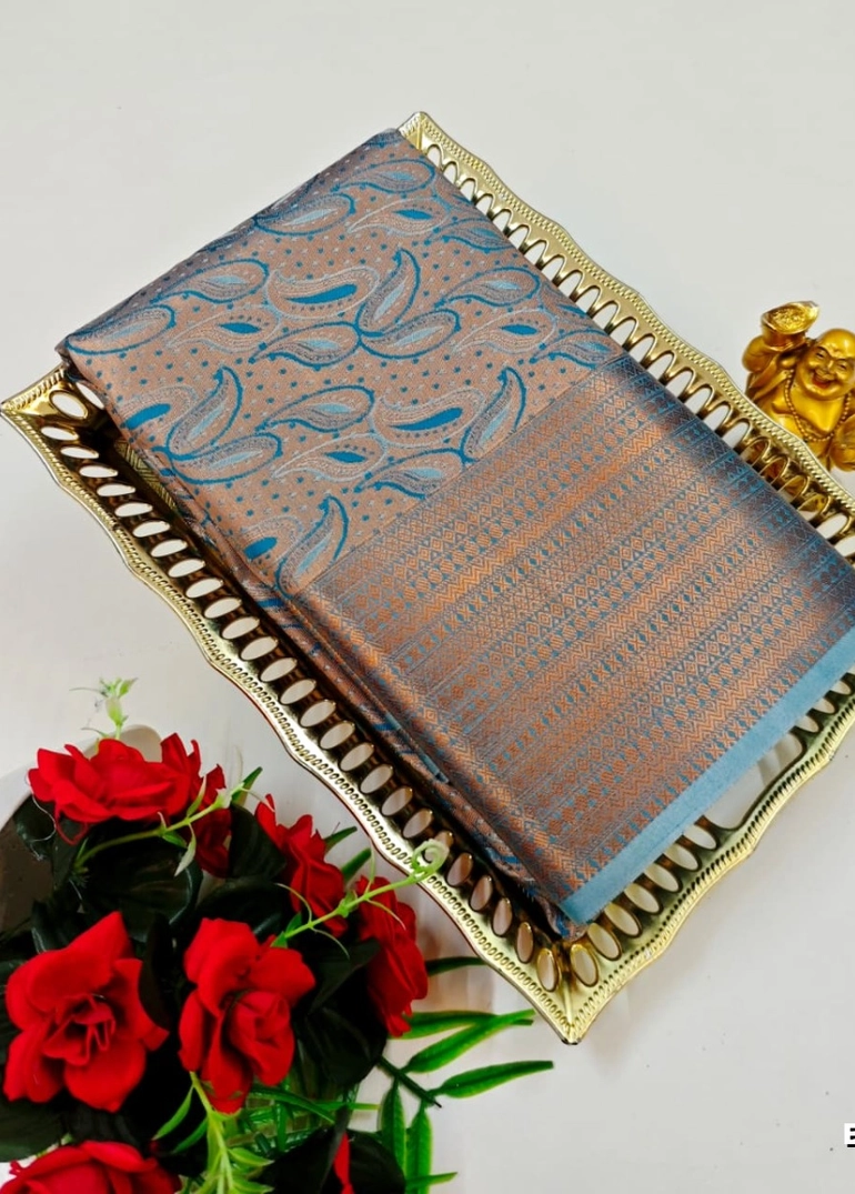 Bridal silk gold silvar and copper zari weave and wedding art silk sarees - teal colour